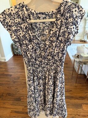 Rails Navy and White Floral Smocked Waist Mini Dress